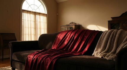 Woman sits on sofa with red velvet blanket at home indoors