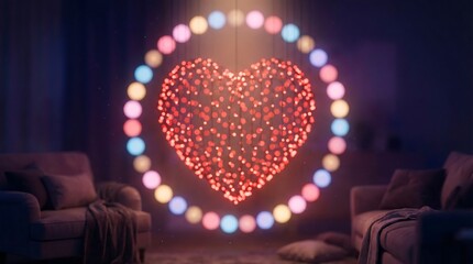 A heart-shaped light installation glows between two couches in a dark room.