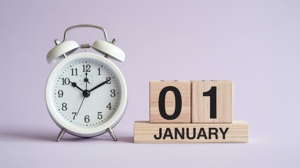 Classic white alarm clock next to wooden January first calendar blocks on a soft pastel background