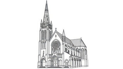 Fototapeta premium Architectural outline illustration showcasing a gothic-style cathedral with intricate details and