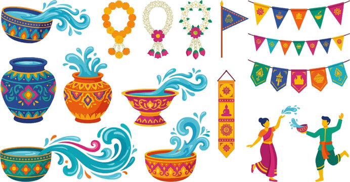 Decorative Indian festival icons set featuring ornate kalash pots, bells, garlands, pennant flags and bunting for cultural celebration designs