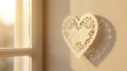 A heart-shaped decoration hangs on a wall beside a sunny window.