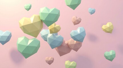 Colorful hearts float gently in pastel pink environment with soft light