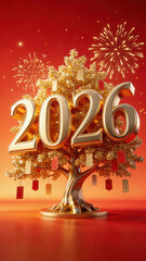 3D Rendered 2026 New Year Celebration Scene with a Golden Money Tree Adorned with Red Envelopes, Set Against a Vibrant Red Sky with Fireworks, Symbolizing Wealth and Prosperity