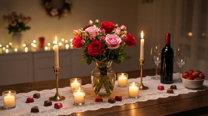Romantic dinner setup with roses candles wine on wooden table indoors