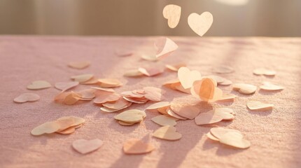 Roses fall on table with hearts floating above in sunlight