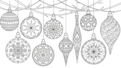 Intricate christmas ornaments collection with hand-drawn vector designs for coloring enjoyment