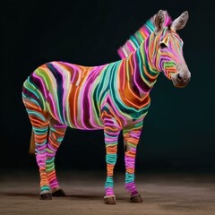 Fototapeta premium Vibrant Neon Zebra Creating a Dazzling Display at an Art Exhibit Captivating Art Enthusiasts Indoor Gallery Artistic Showcase Unique Perspective