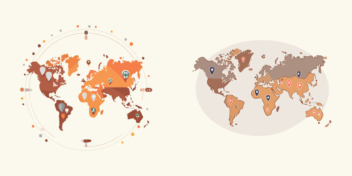 Grunge world map illustration featuring a global earth vector design with artistic continent silhouettes