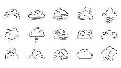 Diverse cloud formation line art collection depicting sunny rainy and stormy atmospheric conditions