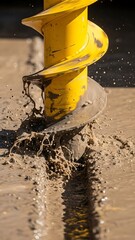 Yellow Auger Drill Bit Digging into Wet Sand