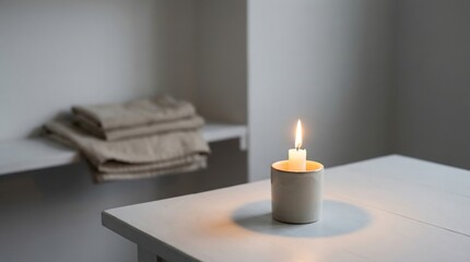 A lit candle on a white table with towels in the background indoors