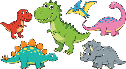 Cartoon dinosaurs, kids illustration, friendly T-Rex, flying Pteranodon, pink Brachiosaurus, teal Stegosaurus, gray Triceratops, flat vector illustration ©  Creative World 