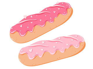 Pink Glazed Eclair with hearts. Dessert Vector Illustration