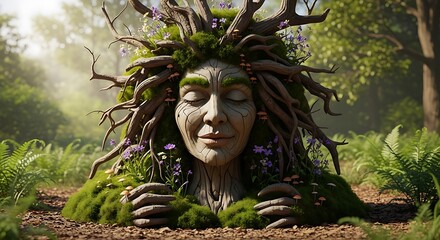 Mystical Forest Guardian - A Serene Stone Spirit in Nature.