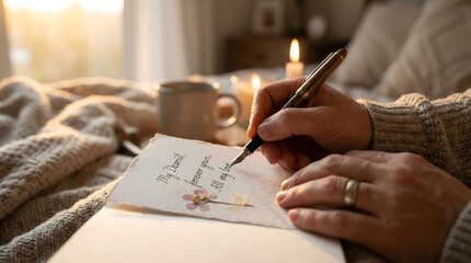 Person writing in notebook with hands and pen on table indoors