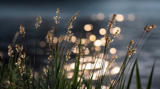 Grass at water's edge catches sunlight, bokeh glitters on dark surface