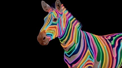 Fototapeta premium Vibrant Neon Zebra Displaying Radiant Colors Urban Environment Artistic Photograph Nighttime Setting Close-Up View Unique Concept