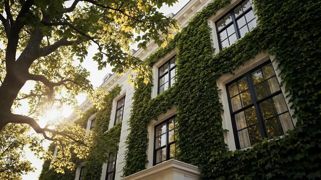 Sunlit Ivy Covered Building Framed By Glowing Trees.