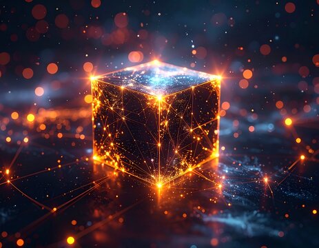 Luminous, network-connected cube amidst a bokeh-lit digital realm - Powered by Adobe