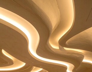 Abstract ceiling with flowing, curving lines and warm, hidden lighting