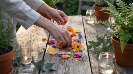 Woman arranging colorful flowers on a rustic wooden table outdoors