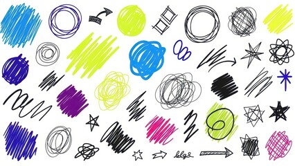 Energetic and varied hand-drawn doodles on a pristine white backdrop enhance creativity