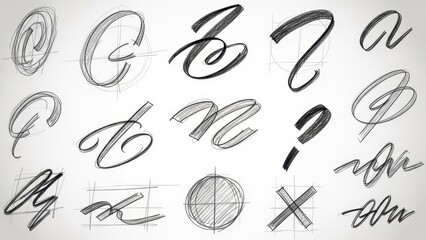 Pencil sketched typography elements compilation with letterforms and geometric figures variations