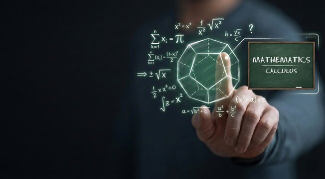 Mathematics education concept with hand touching virtual blackboard interface featuring geometric polygon, calculus formulas, and scientific equations. Background with symbols for STEM learning, acade