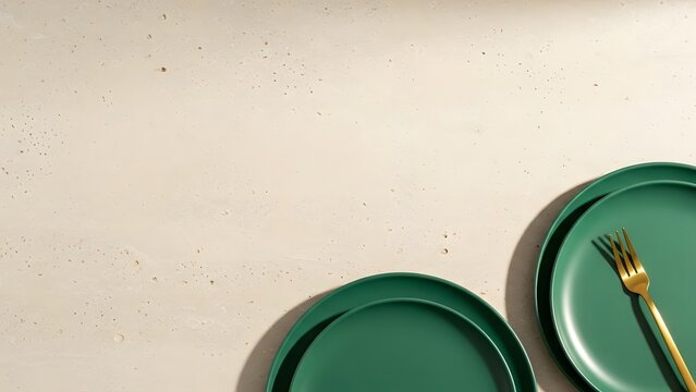 Green plates and gold fork on beige tabletop setting with empty space dinnerware table copper flatware - Powered by Adobe
