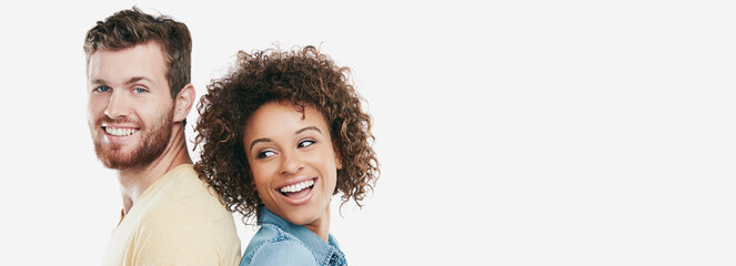 Care, laugh and couple in studio for love, banner and mockup space for interracial relationship....
