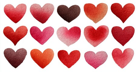 Fototapeta premium Aquarelle Valentine's Day design featuring isolated, hand‑painted hearts suitable for love cards and postcards