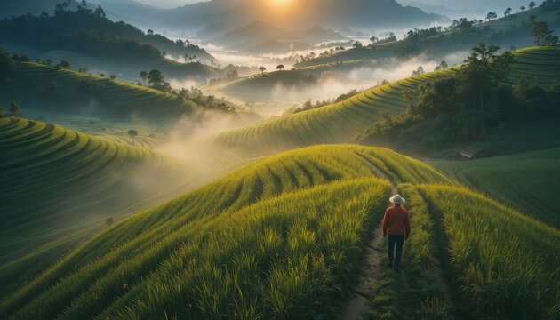 Serene landscape of green terraced rice fields at sunrise with a person walking