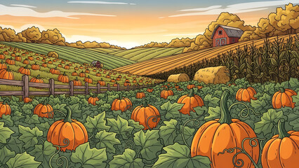 Wide pumpkin patch field during autumn harvest season