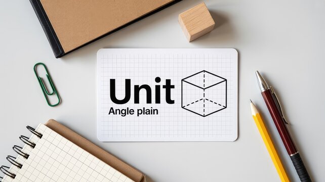 Educational card with Unit Angle plain text and cube illustration surrounded by office supplies - Powered by Adobe
