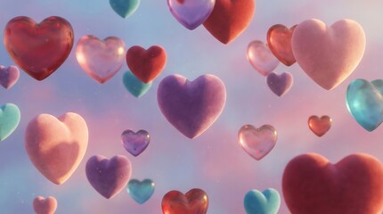 Colorful hearts float gently in the soft pink and blue sky