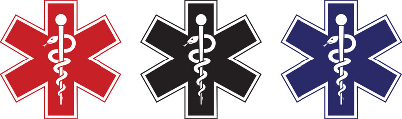Star of life medical symbols in black, blue, and red Silhouette vector black on a white background