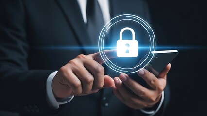 Person in suit holding smartphone with glowing security lock