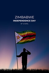 National flag of Zimbabwe flutters in military man hands