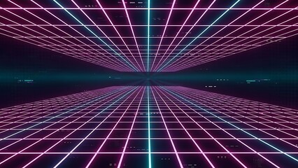 Retro Synthwave Abstract Grid Background with Neon Lines and Glitch Effect