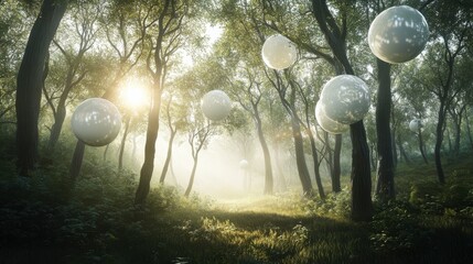 Ethereal Forest Scene with Floating Spheres and Sunlit Clearing, Creating a Dreamlike Atmosphere