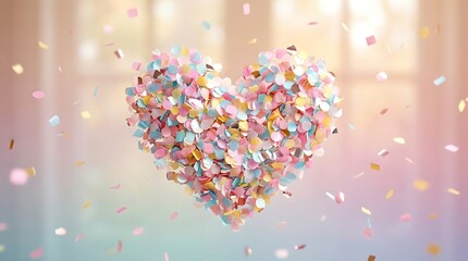 Colorful confetti heart explodes in festive room with lights shining