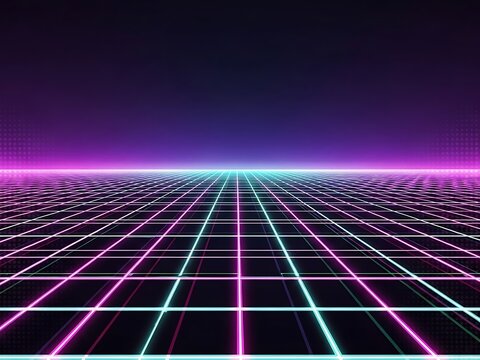 Retro Synthwave Abstract Grid Background with Neon Lines and Glitch Effect - Powered by Adobe