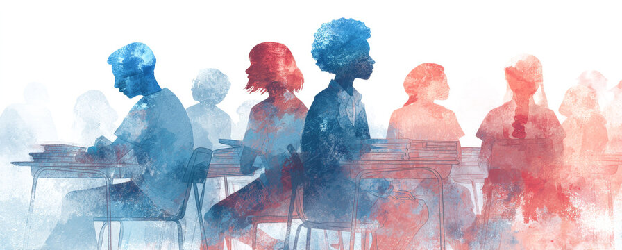 Diverse group of students sitting in an open classroom engaged in learning activities with colorful watercolor effect