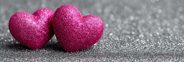 Obraz premium A Valentine's Day banner with two pink glittery hearts set against a bokeh‑lit backdrop
