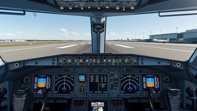 Symmetrical View from Pilot Cockpit Overlooking Centerline of Airport Runway Under Clear Sky, Flight Deck Controls and Navigation Displays, Concept of Precision Aviation and Commercial Air Travel.