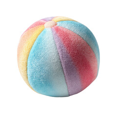 Fuzzy, multi-colored plush ball with pastel stripes. Soft, round and cuddly