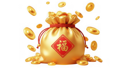 Golden money bag with red chinese character and coins floating around isolated on transparent background