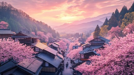 Serene Sunrise over a Japanese Village in Full Blossom