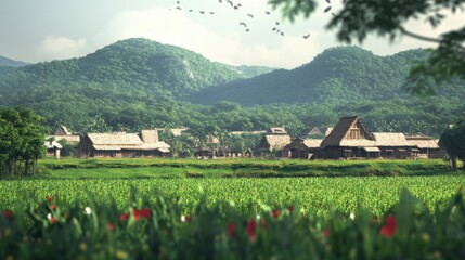 Serene Village nestled in Lush Green Valley, Birds in Flight
